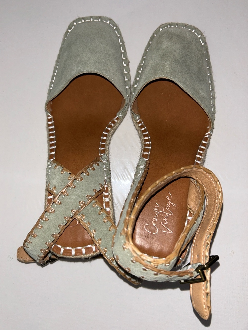 NWOB Crown Vintage Kenarsi Sage Green Suede Espadrille Ankle-Strap Wedge